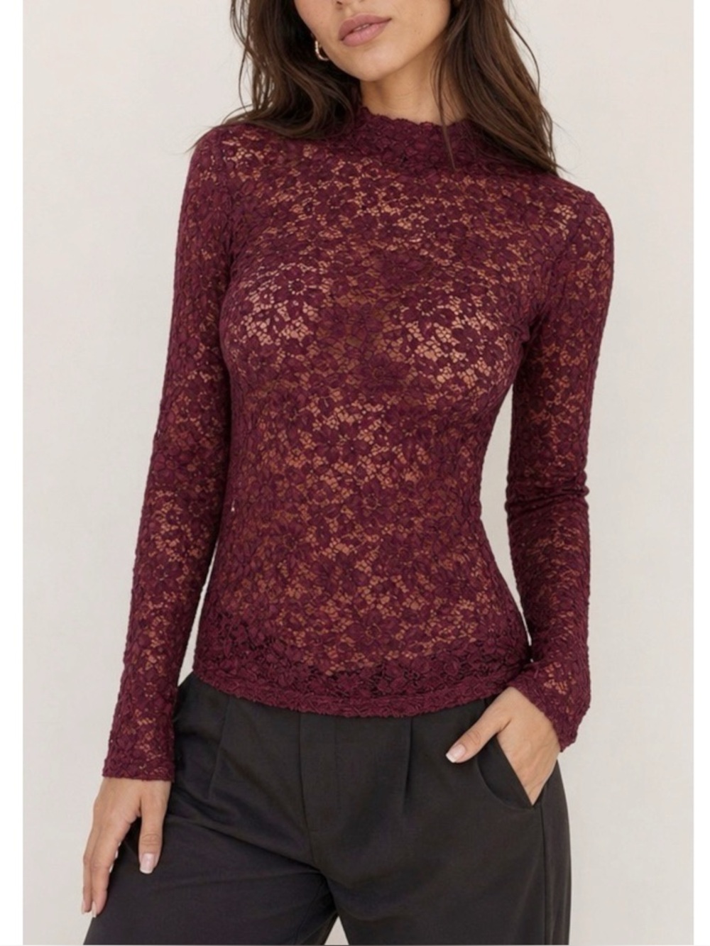SÉZANE Taori Long Sleeve Lace Blouse, Red, FR34/US2